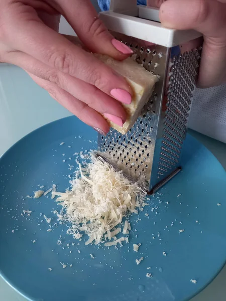 Grated Parmesan Cheese Blue Dish — Stock Photo, Image