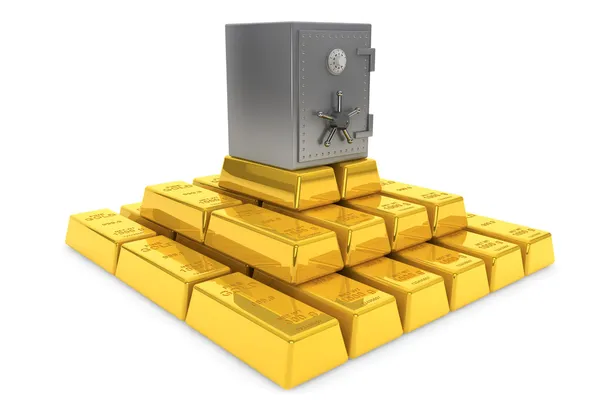 Стек золотих злитків з банківським сховищем — стокове фото