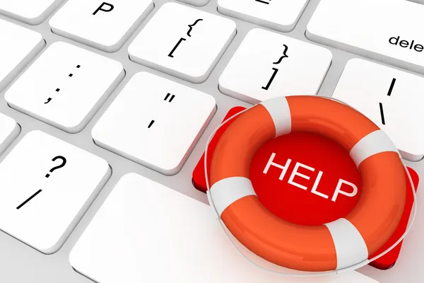 Computer Keyboard with red Help button and lifebuoy — Stock Photo, Image