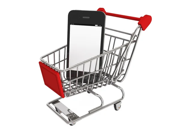 Smartphone e um carrinho de compras — Fotografia de Stock