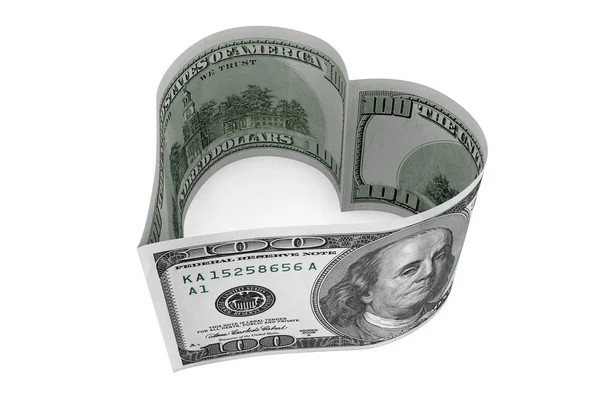 One hundred dollars bill as heart — Stock Photo, Image