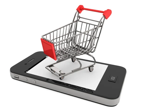 Smartphone and a shopping cart — Stock Photo, Image