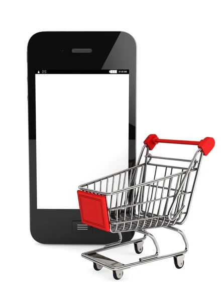 Smartphone and a shopping cart — Stock Photo, Image