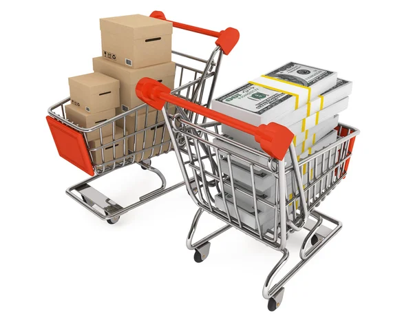 Shopping carts with boxes and money — Stock Photo, Image