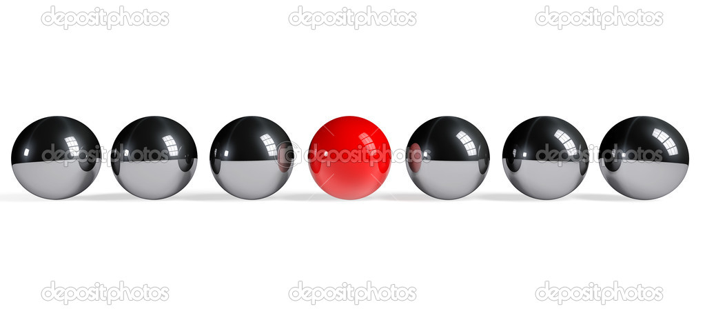 Red sphere among chrome spheres