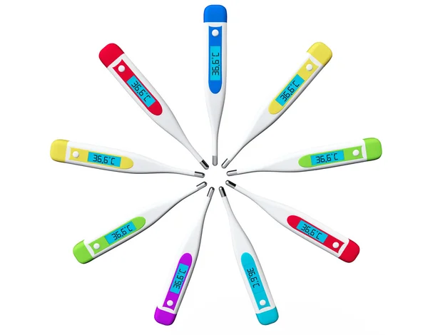 Многоцветные цифровые клинические термометры — стоковое фото