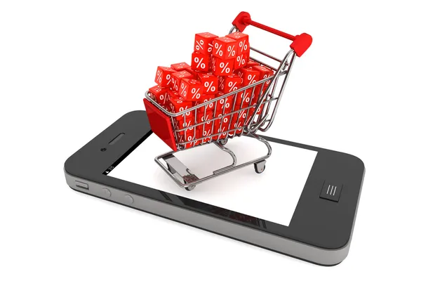 Shopping cart with discount cubes over Mobile Phone — Stock Photo, Image