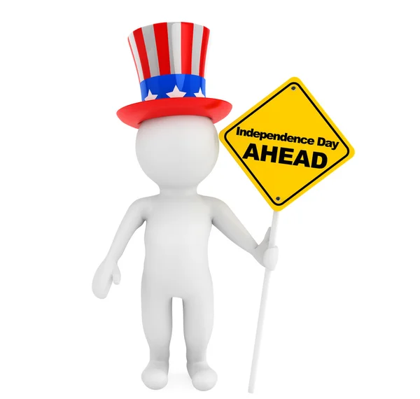 Independence day concept. 3d small person with american hat and — Stock Photo, Image