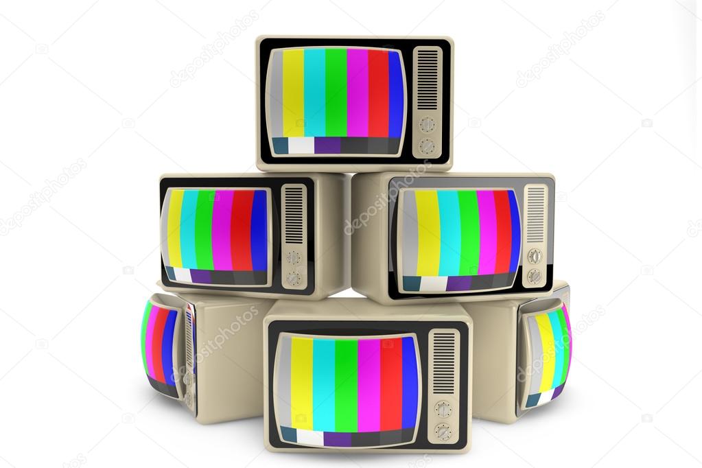 End of television concept. Heap of vintage tv