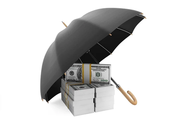 Geld concept opslaan. stapel bankbiljetten onder paraplu — Stockfoto