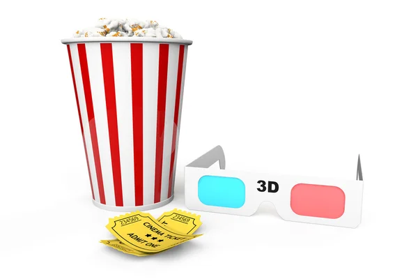 Caja de palomitas de maíz, gafas 3D y un Admiten Uno entradas — Foto de Stock