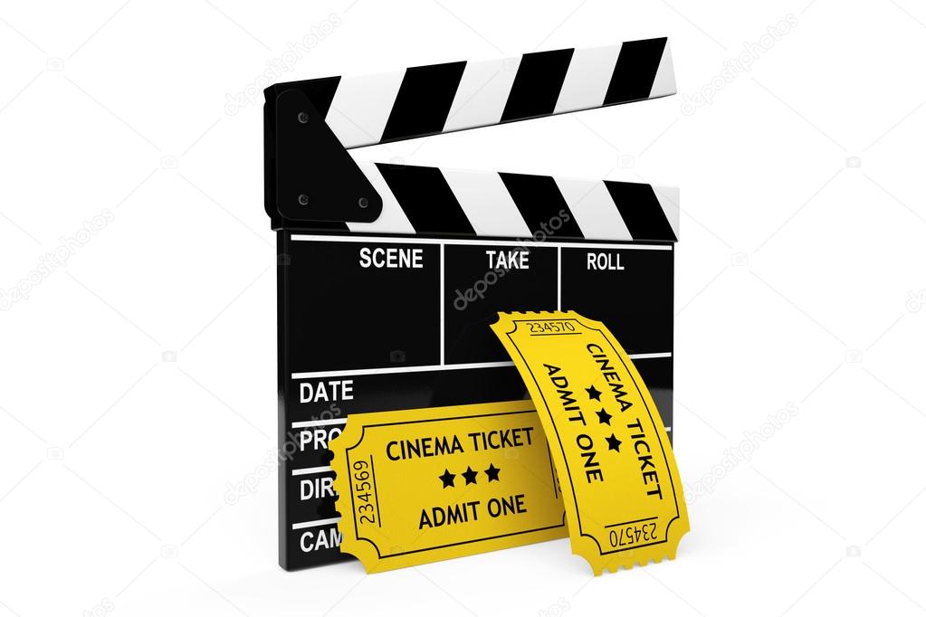 Movie clapper board and admit one tickets