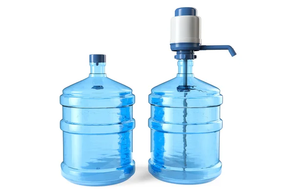 Butelki wody pitnej z ręczna pompa wodna i czapka — Zdjęcie stockowe