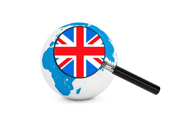 Dünya küre ile İngiltere'nin büyütülmüş bayrak — Stok fotoğraf