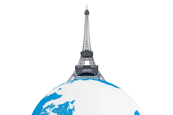 Turizm kavramı. Eyfel Kulesi dünya küre üzerinde — Stok fotoğraf