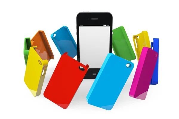 Mobiele telefoon met multicolor plastic gevallen — Stockfoto