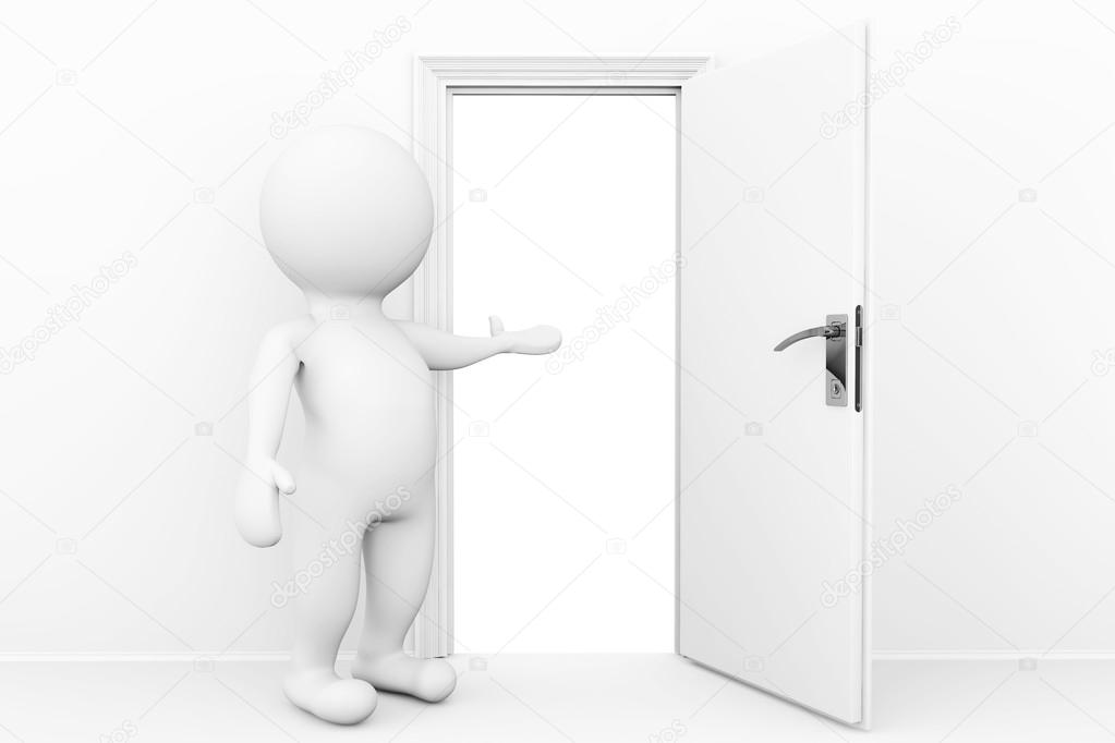 Welcome concept. 3d person welcome and invites in open door