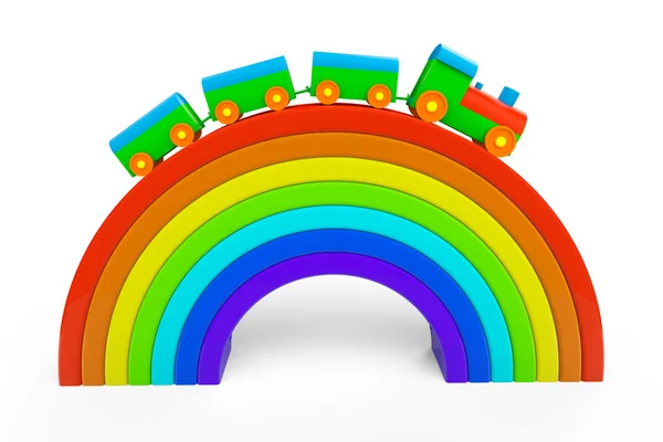 Toy multicolor train over rainbow bridge — Stock Photo, Image