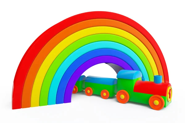 Gökkuşağı Köprüsü altında çok renkli tren oyuncak — Stok fotoğraf