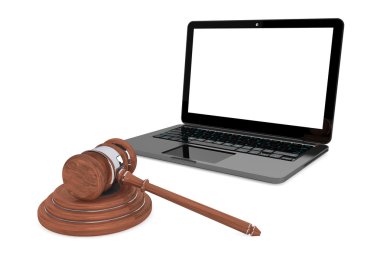 Siber Hukuk kavramı. moder laptop tahta tokmak