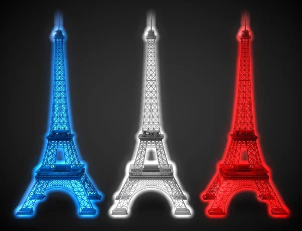 Trois tours Eiffel brillent aux couleurs du drapeau français — Photo