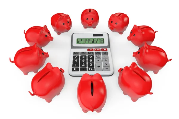 Calculating Savings Concept. Piggy Banks with calculator — Stock Photo, Image