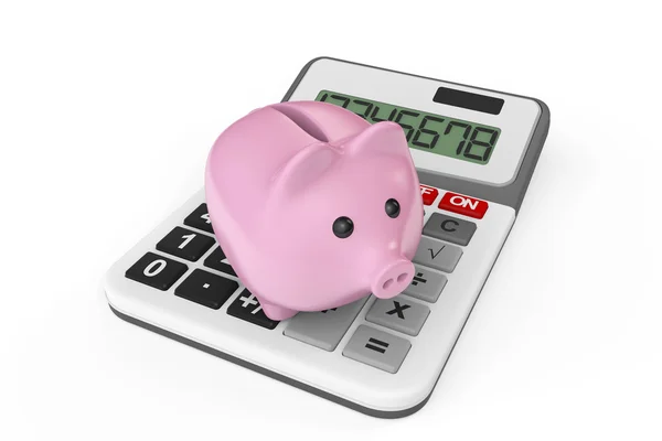 Menghitung Konsep Tabungan. Piggy Bank dengan kalkulator — Stok Foto
