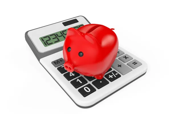 Cálculo del concepto de ahorro. Hucha con calculadora — Foto de Stock