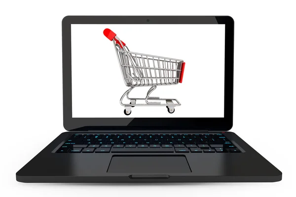 Laptop moderno com carrinho de compras — Fotografia de Stock