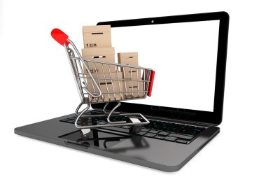 Online alışveriş kavramı. alışveriş sepeti ile kutuları üzerinden laptop