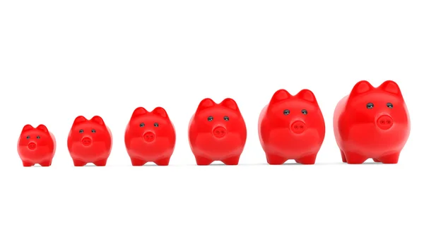 Artan yatırım kavramı. satırda kırmızı piggy bankalar — Stok fotoğraf