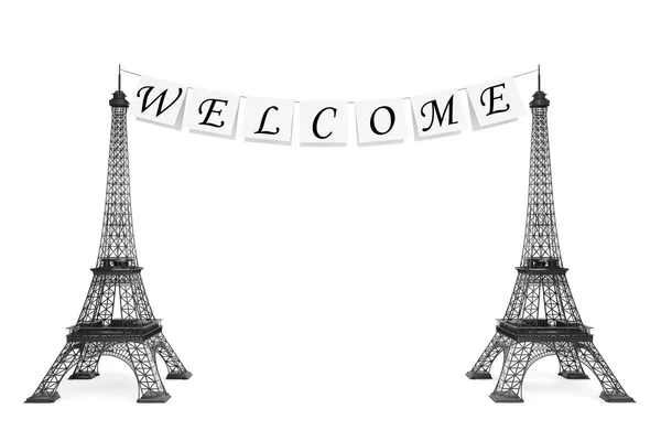 Concepto de Turismo de Francia. Señal de bienvenida en la cuerda con remolque Eiffel — Foto de Stock