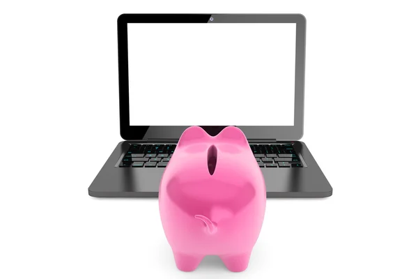 Accumulation of information Concept. Moder Laptop with Piggy Ban — Stock Photo, Image