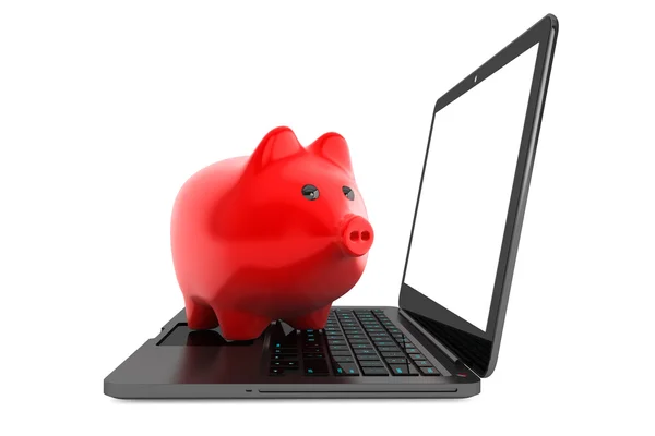 Ansamling av information koncept. Moder laptop med piggy förbud — Stockfoto