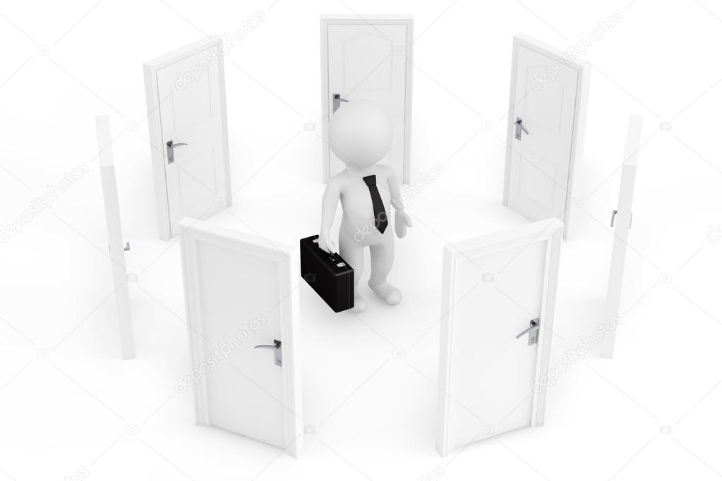 Choice concept. 3d businessman surrounded by doors