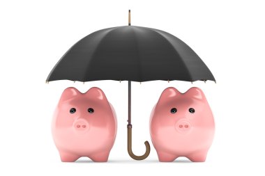Wealth protection concept. Piggy Banks under umbrella clipart