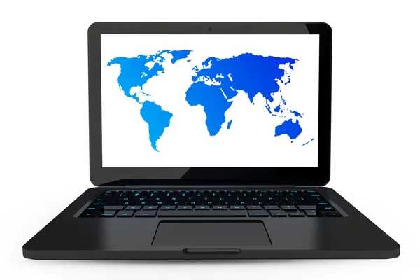 Laptop ze szczegółową mapą świata na ekranie — Zdjęcie stockowe