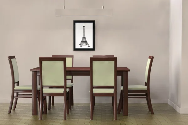 Сучасний стіл і стільці перед порожньою стіною — стокове фото
