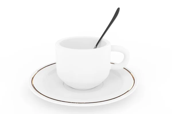 Copo de café branco com prato e colher — Fotografia de Stock