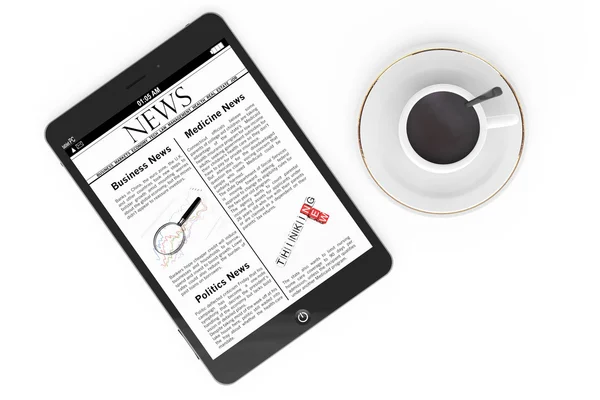 Le concept des nouvelles du matin. Tablette moderne pc et tasse de café — Photo