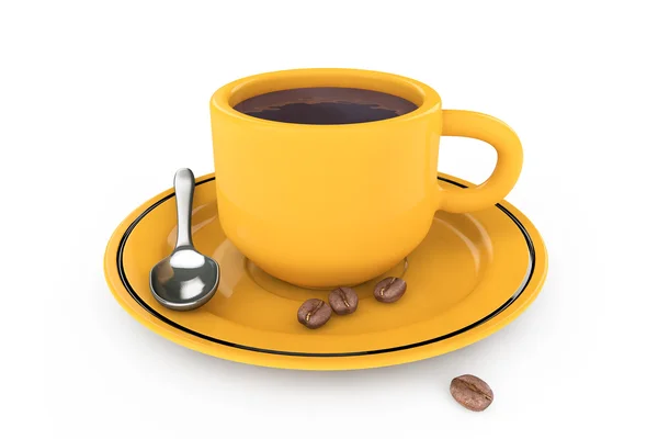 Granos de café, plato de café naranja, cuchara y taza con café —  Fotos de Stock