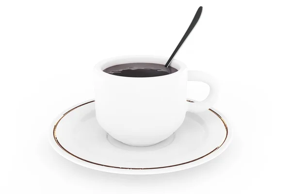 Placa de café blanco, cuchara y taza con café —  Fotos de Stock