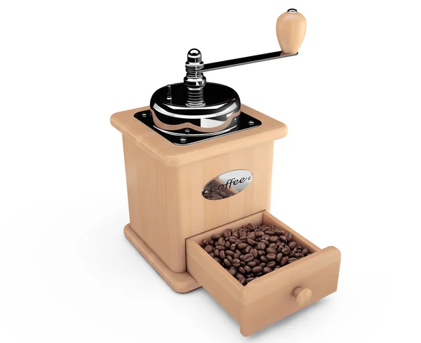 Molino de café de madera con granos de café —  Fotos de Stock