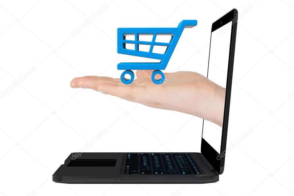Online shopping concept. Shopping Cart Icon in hand with Laptop