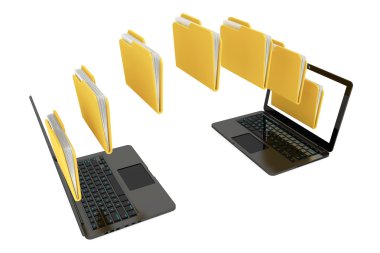 Two laptop computers with folders transferring between each othe clipart