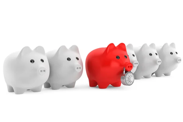 Piggy bank in rij met een rode beveiligd met cijferslot — Stockfoto