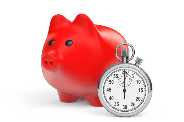 Time Save Concept. Red Piggy Bank with Stopwatch — Stock Photo, Image