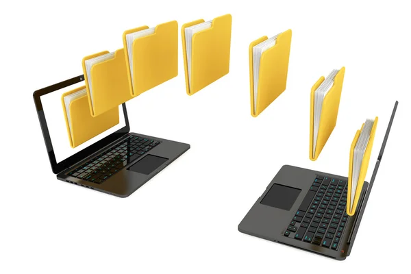 Two laptop computers with folders transferring between each othe — Stock Photo, Image