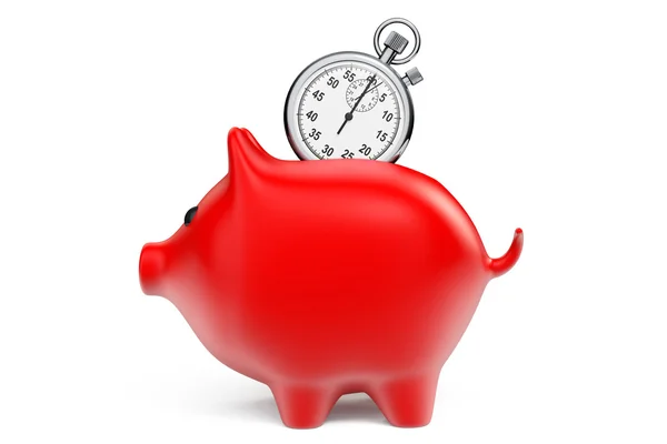 Time Save Concept. Red Piggy Bank with Stopwatch — Stock Photo, Image