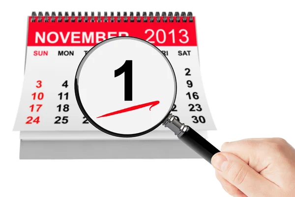 All Saints Day Concept. 1 November 2013 calendar with magnifier — Stock Photo, Image